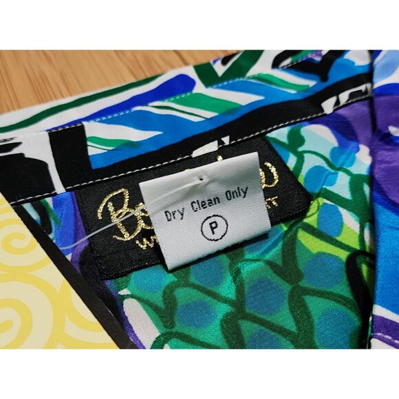 Bob Mackie Wearable Art Silk Shirt Green Blue Cat Parrot Monkey Print 1X PLUS - Picture 2 of 11